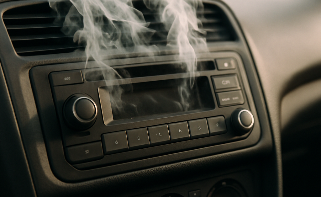 autoradio qui surchauffe et qui laisse apparaitre le fumée 